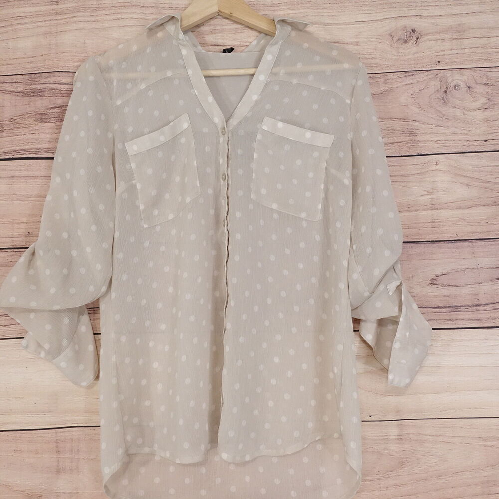 EXPRESS LONG SLEEVE POLKA DOT SEE-THRU BUTTON UP SHIRT WOMENS SIZE M